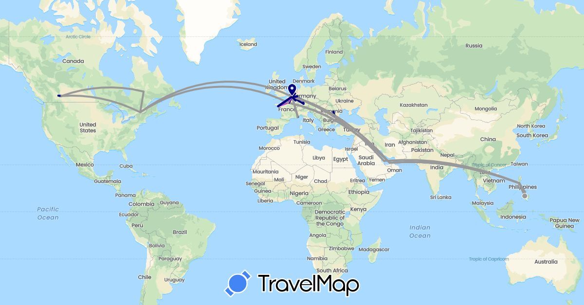 TravelMap itinerary: driving, plane, train in United Arab Emirates, Belgium, Canada, Germany, France, Luxembourg, Monaco, Netherlands, Philippines, Qatar, Romania (Asia, Europe, North America)